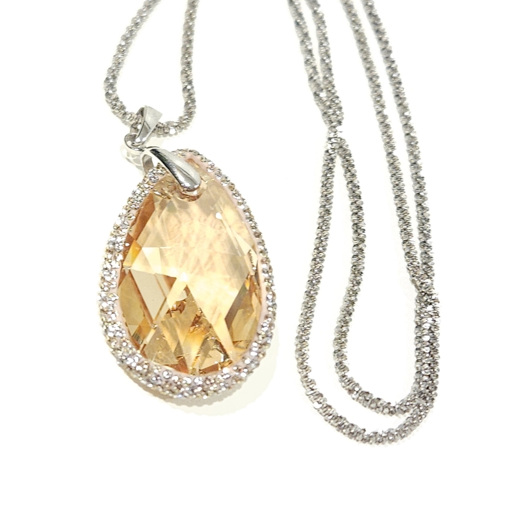Sterling Silver Pendant Necklace Faux Citrine Teardrop Swarovski Crystal Paved